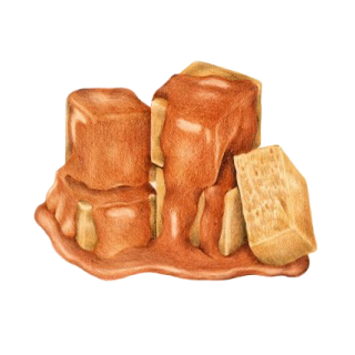 Une pile de bonbons au caramel fondant légèrement, avec du caramel brun doré et lisse dégoulinant sur les côtés. Les bonbons sont en forme de cube et semblent doux et moelleux. L'image a une apparence savoureuse et attrayante.